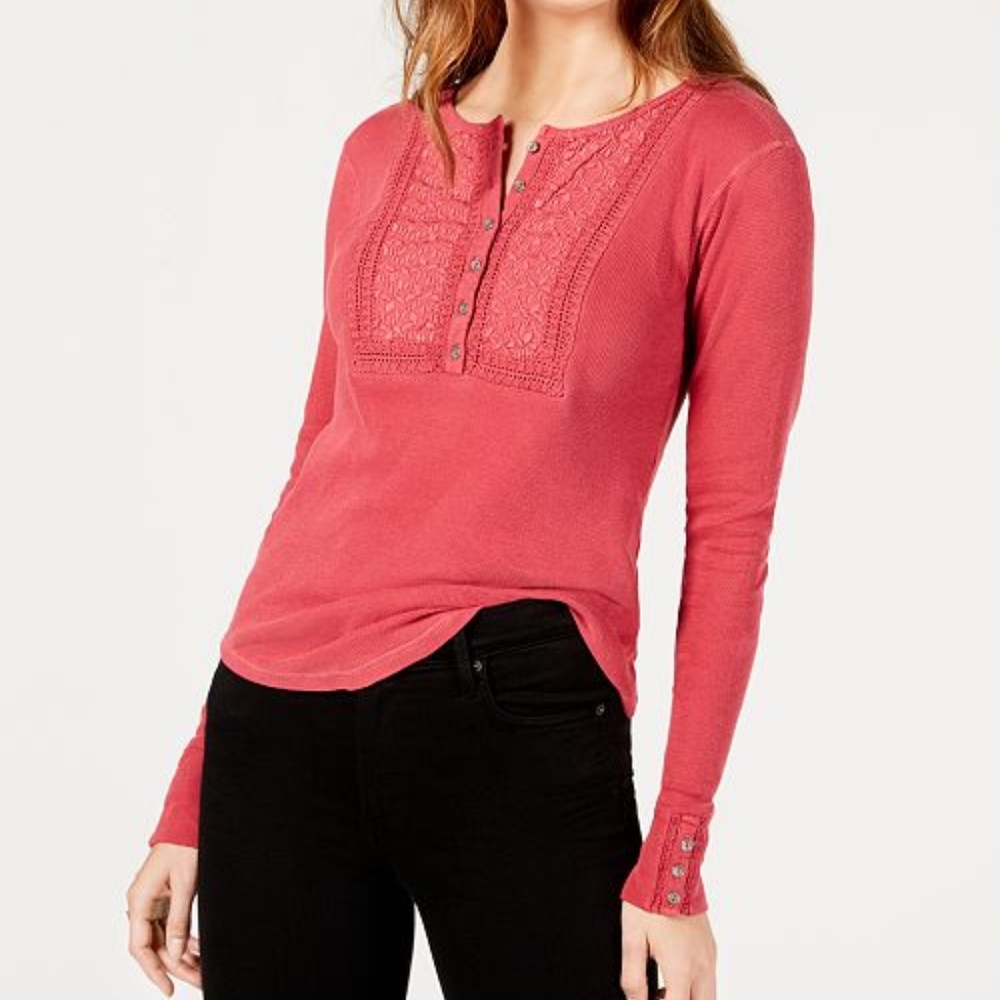 Lucky Brand Cotton Embroidered Henley Thermal Top